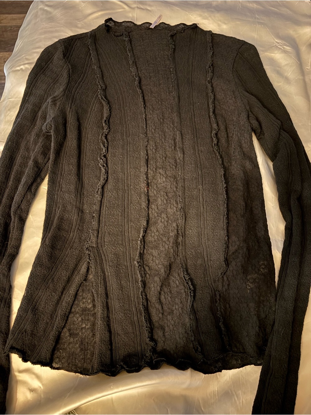 Free People Black Sheer Textured Crew sheer shirt with slit in front